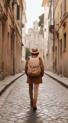 Solo traveler strolling through quaint historic european village