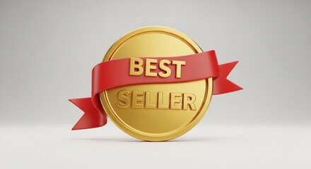 Gleaming Gold Best Seller Medallion with a Bold Red Ribbon on a Clean Background