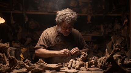Skilled artisan shaping clay sculptures in a dimly lit workshop