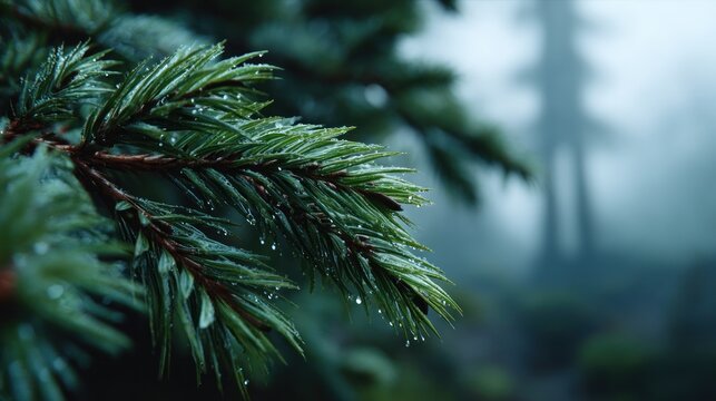 Dew-kissed Fir Branch in Misty Forest - Powered by Adobe