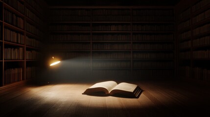 Dimly lit library with open book illuminated by soft spotlight