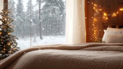 Cozy winter bedroom with snowy view and festive lights