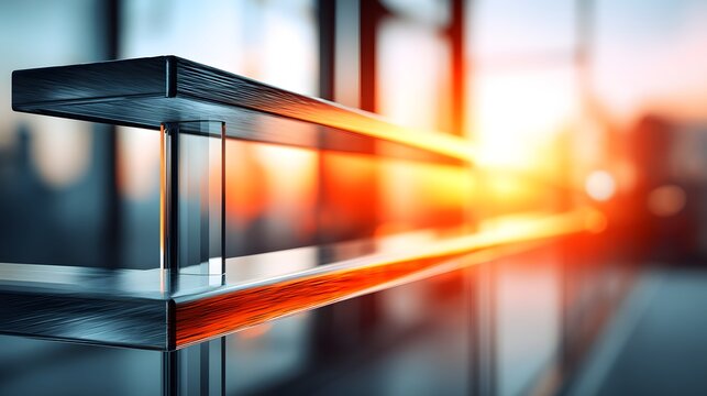 Fototapeta A close-up view of a modern, architectural glass and metal railing, showcasing a sophisticated design and warm sunset light filtering through the windows.