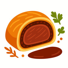a delicious cartoon beef wellington pastry dish cut open with savory filling and herbs on white background for culinary or food related concepts