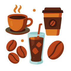 a set of coffee drinks and beans on a white background in a colorful flat illustration style for cafe or restaurant advertising or menu design