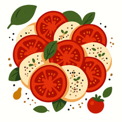sliced tomatoes mozzarella cheese basil leaves spices on white background healthy food