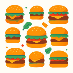 A colorful flat illustration of assorted burgers with cheese lettuce tomato on buns arranged in rows on white background for menu design or food advertising with vibrant feel
