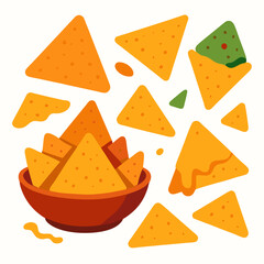 A bowl of colorful nacho chips spilling out in a playful messy pile on a white background