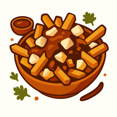 A vibrant cartoon illustration of a bowl filled with poutine, a classic canadian dish consisting of crispy french fries smothered in rich brown gravy and melted cheese curds,