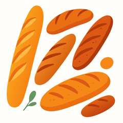 A vibrant digital illustration of assorted freshly baked bread loaves in various shapes and sizes on a clean white background for food editorial use