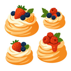 four orange desserts with cream and berries on top are arranged in a square on a white background for food illustration