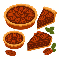 pecan pie with slices cut out on white background with nuts and leaves