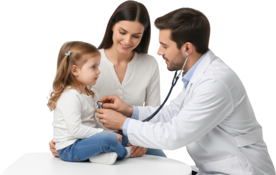 Doctor examines a child with a stethoscope while mother watches on to isolate examination medical healthcare