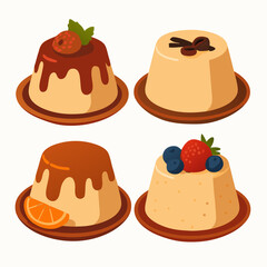 four cream desserts with fruit and chocolate toppings on plates