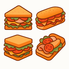 four cartoon sandwiches with various fillings displayed on white background