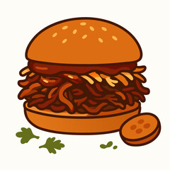 a delicious pulled pork sandwich with bun and herbs on white background