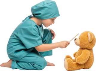 Young child in doctor's scrubs examines a teddy bear with a pointer isolated with examination toy medical