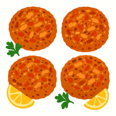 four falafel patties with lemon slices and parsley on white background