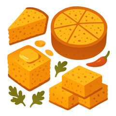 a colorful illustration of various types cheese with herbs and chili on white background for food design