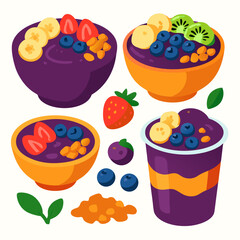 a vibrant illustration of acai bowls and smoothies topped with sliced bananas strawberries blueberries kiwi and granola in colorful bowls and cups on a clean white background