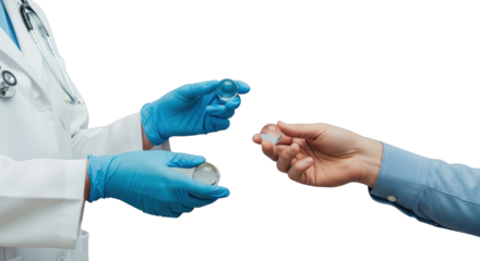 Doctor in blue gloves hands clear glass spheres to patient medical consultation close up Transparent transparent background