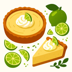 a vibrant cartoon illustration of a whole key lime pie with a slice cut out topped with whipped cream and lime wedges surrounded by scattered lime slices and wedges on a clean