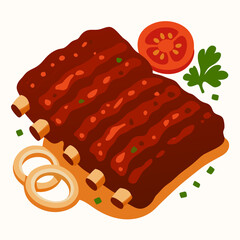 a plate of delicious barbecue ribs with tomato onion and parsley on a table