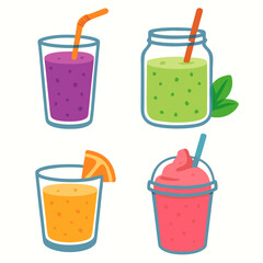 colorful smoothies and juices in glasses with straws and garnishes on white background for healthy eating and beverage concepts