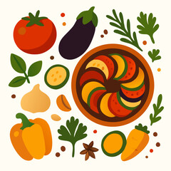 colorful vegetables and fruits arranged on plate with herbs spices