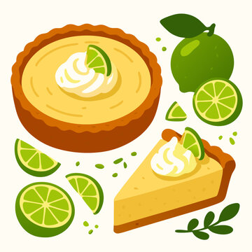 a vibrant cartoon illustration of a whole key lime pie with a slice cut out topped with whipped cream and lime wedges surrounded by scattered lime slices and wedges on a clean