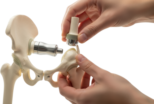 Hands assembling a hip joint prosthesis model showcasing medical device components isolate surgery orthopedic - Powered by Adobe
