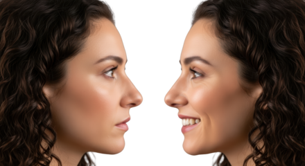 Side profile comparison of a woman's face before and after a cosmetic procedure showing expression changes isolate