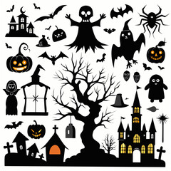Collection of halloween silhouettes featuring ghosts bats pumpkins haunted houses and spooky trees