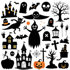 Collection of halloween silhouettes featuring ghosts bats pumpkins castles and spooky elements