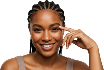 A young Black woman with braided hair smiles while touching her temple isolate face portrait beauty natural