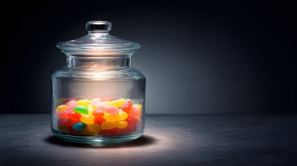 A glass jar filled with colorful jelly beans is illuminated, showcasing a vibrant display of sweet treats against a dark backdrop.