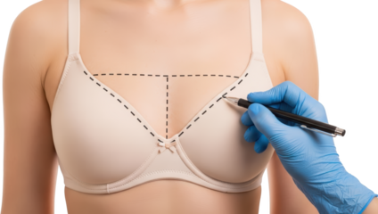 Medical professional marks chest area with dotted lines and pen wearing blue glove showing cosmetic surgery markings on female in bra transparent background