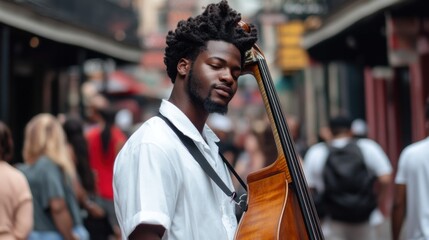 Street musician enjoying the moment with a double bass on a bustling city street