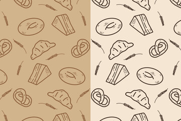 Seamless hand-drawn bakery pastry pattern with croissant, pretzel, bread, cheese, and wheat sketch icons in beige and cream color.