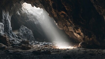 Majestic light illuminates a cavernous interior, highlighting rough, dark rock formations.