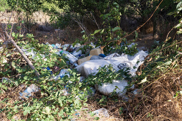 Pile of garbage in nature, including plastic bottles, bags, broken glass, and construction debris among dry grass and trees. Environmental pollution, waste management problem.