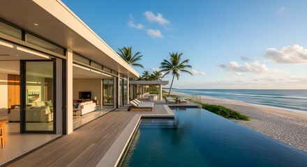 Fototapeta premium Luxury beachfront villa with infinity pool overlooking ocean at sunset