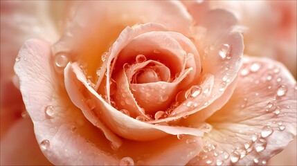 Close-up of a delicate rose, covered in glistening water droplets, showcasing a soft peachy-pink hue and intricate detail.