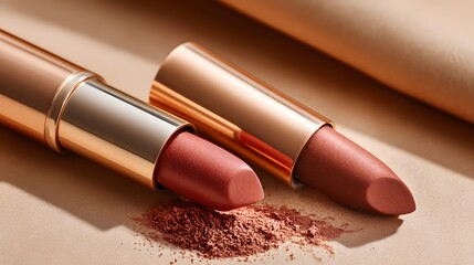 Two elegant rose-gold lipstick tubes sit atop a soft beige surface, showcasing a warm, sophisticated beauty product.
