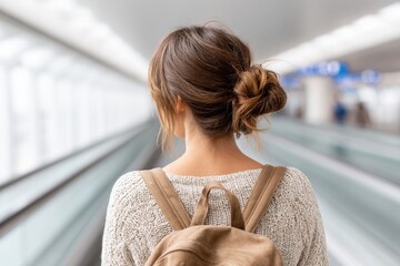 A woman with brown hair in a messy bun and a backpack stands on a moving walkway in a bright, modern transit area.