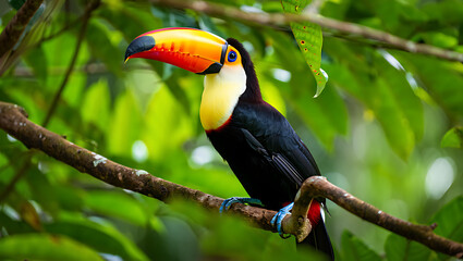 Fototapeta premium A vibrant toucan with its iconic large, colorful beak perches on a mossy branch amidst lush green foliage in a tropical rainforest