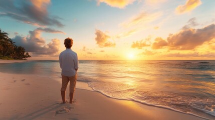 Serene sunset beach scene with solitary person admiring the view