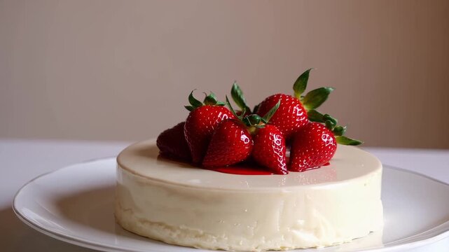 A creamy cheesecake sits on a white plate, beautifully topped with fresh strawberries. The simple composition highlights the dessert&rsquo;s smooth texture, vibrant colors, and makes it perfect for any spec