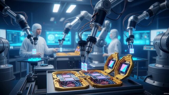 Engineers using robotic arms to place qubit chips into hermetic cryogenic packages demonstrating automated quantum device assembly.