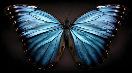 A striking close-up of a vibrant blue butterfly, showcasing intricate wing patterns and textures against a dramatic dark background.